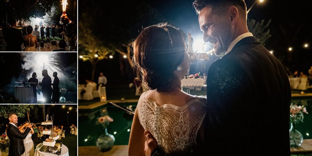 cena en los jardines de la finca